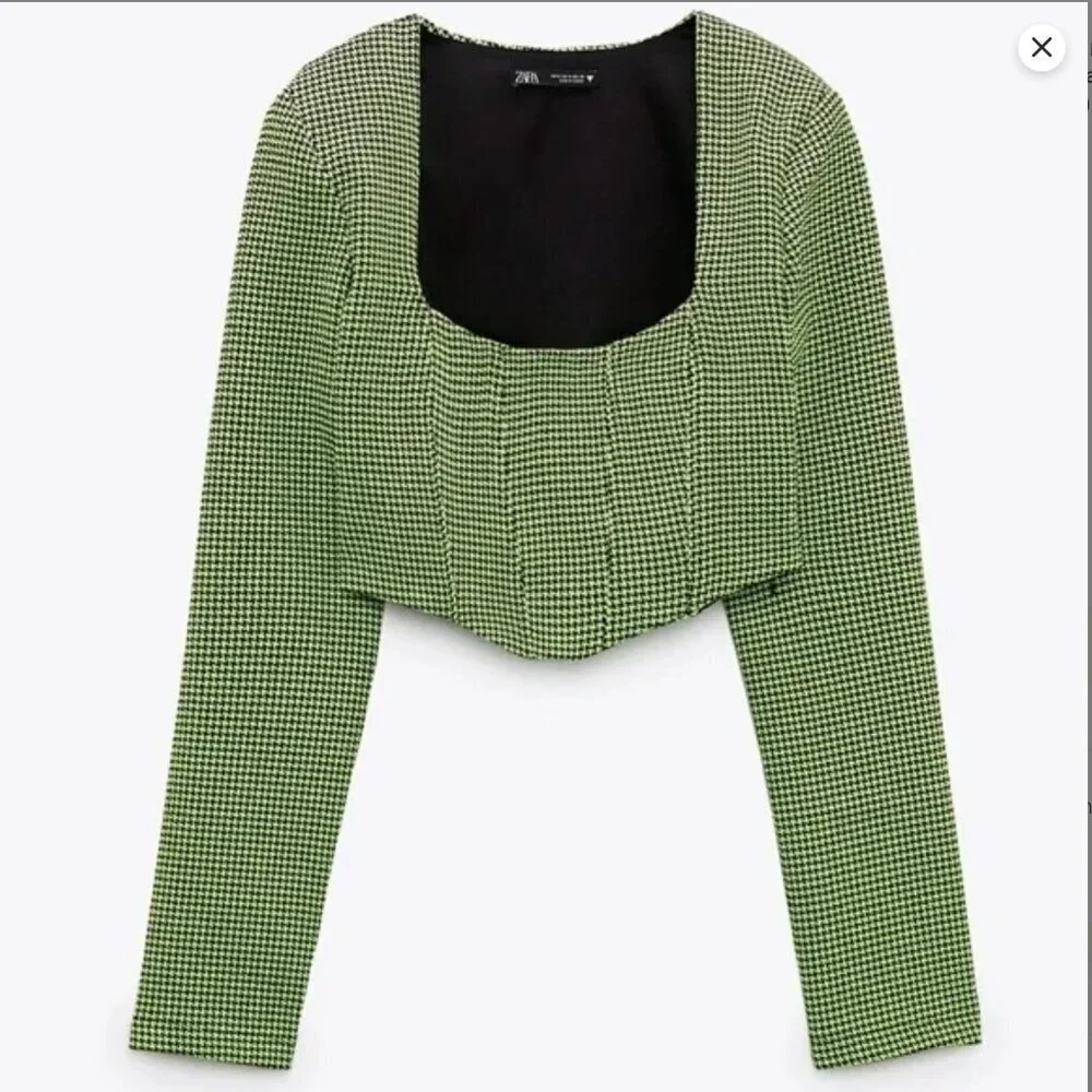Zara lime houndstooth long sleeve corset top Size L NEW WITH TAG!